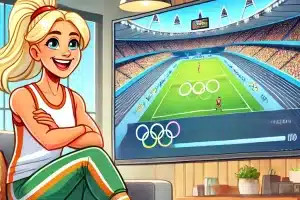 Cartoon van een blonde sportieve vrouw die naar de Olympische spelen op tv kijkt.