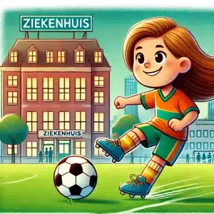 Een cartoon van een jong meisje met lang haar dat voetbal speelt op een groen voetbalveld. Het meisje ziet er gelukkig en geconcentreerd uit, terwijl ze een voetbal trapt. Ze draagt ​​een kleurrijk voetbaluniform met voetbalschoenen. Op de achtergrond is een gebouw te zien met het woord 'Ziekenhuis' in plaats van 'Hospital'. De scène weerspiegelt een levendige voetbalwedstrijd met een duidelijk ziekenhuisgebouw op de achtergrond.