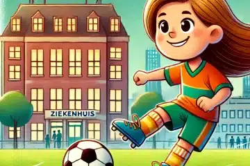 Een cartoon van een jong meisje met lang haar dat voetbal speelt op een groen voetbalveld. Het meisje ziet er gelukkig en geconcentreerd uit, terwijl ze een voetbal trapt. Ze draagt ​​een kleurrijk voetbaluniform met voetbalschoenen. Op de achtergrond is een gebouw te zien met het woord 'Ziekenhuis' in plaats van 'Hospital'. De scène weerspiegelt een levendige voetbalwedstrijd met een duidelijk ziekenhuisgebouw op de achtergrond.